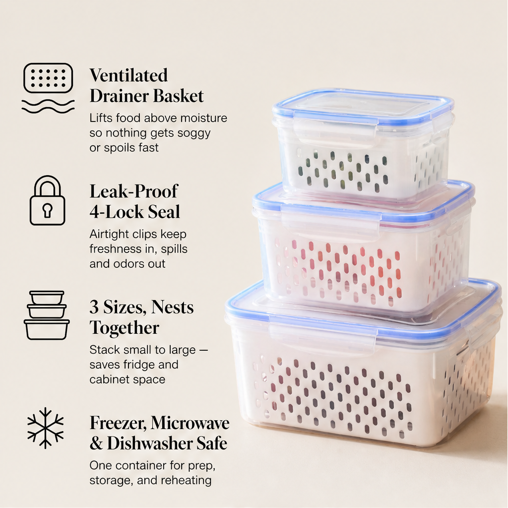 Crispholm – Drainer Basket Airtight Food Storage Container Set + 50% OFF features