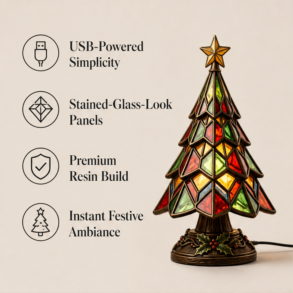 Amberglow Hollis – Stained-Glass Style Lit Christmas Tree Table Lamp + 50% OFF features
