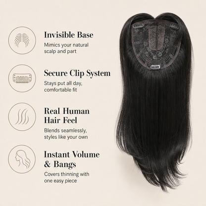 Crownvale – Undetectable Clip-In Volume with Bangs Hair Topper + 50% OFF features