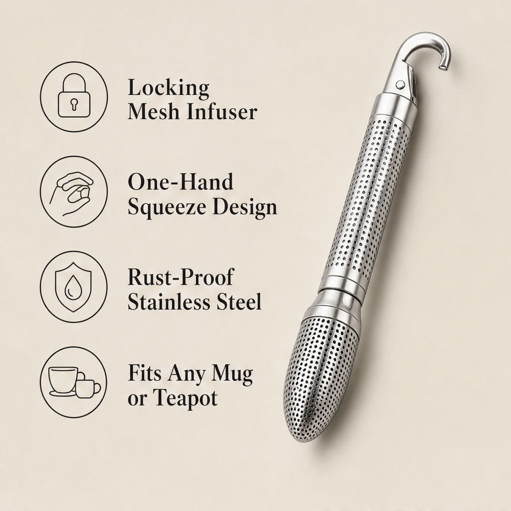 Steepvane – Squeeze-Plunger Locking Mesh Stainless Steel Tea Strainer + 50% OFF features