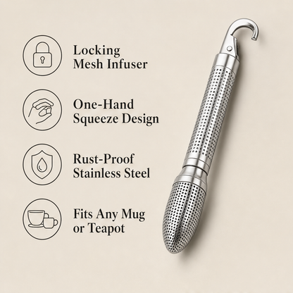 Steepvane – Squeeze-Plunger Locking Mesh Stainless Steel Tea Strainer + 50% OFF features