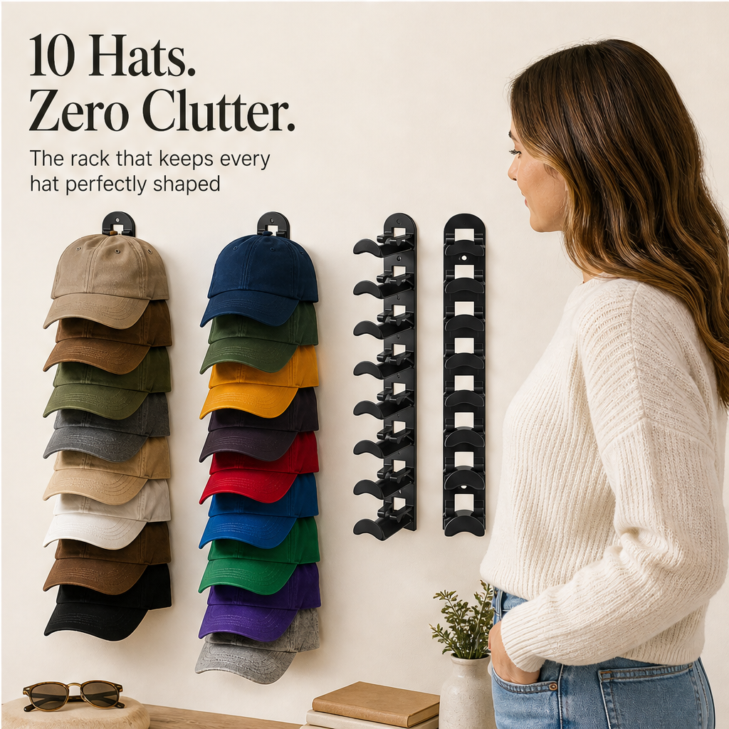 CrownHold – Space-Saving 10-Hat Wall Rack with Locking Hooks + 50% OFF features