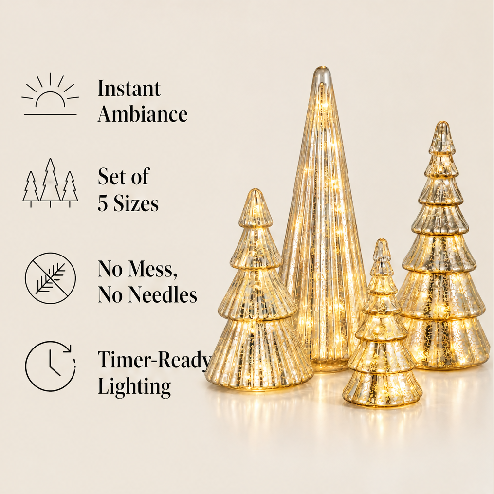 Glowmere – Mercury Glass LED Christmas Trees, Set of 5 + 50% OFF features