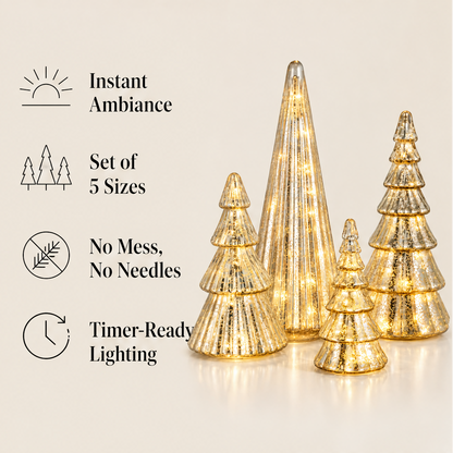 Glowmere – Mercury Glass LED Christmas Trees, Set of 5 + 50% OFF features