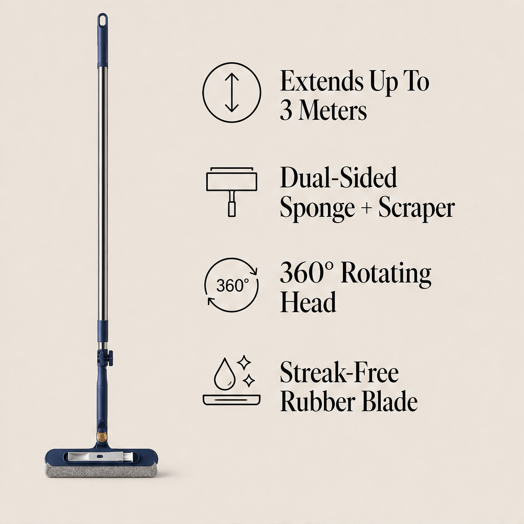 ClearReach – Extendable Double-Sided Sponge and Scraper Window Cleaner + 50% OFF features