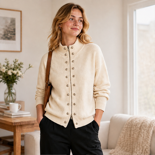 Marchelle – Standing Collar Double-Breasted Knit Cardigan + 50% OFF lifestyle