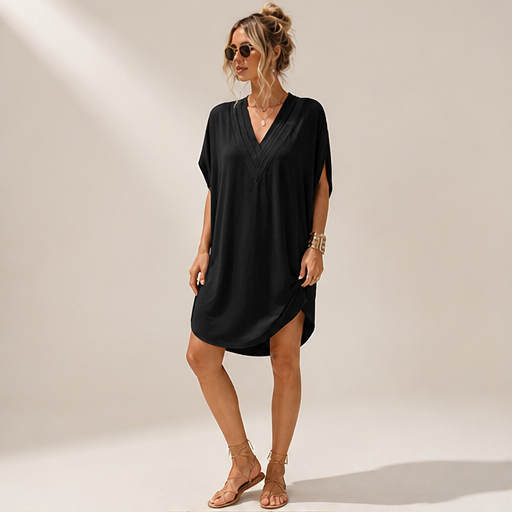 Vellora – Pleated V-Neck Batwing Sleeve Midi Dress lifestyle