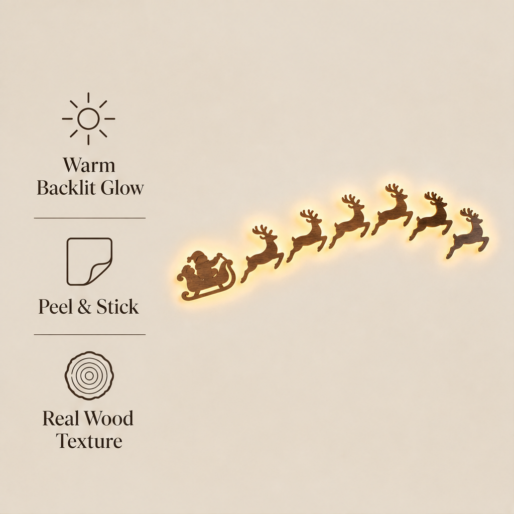 Hearthwick – Peel-and-Stick LED Wooden Santa Sleigh Wall Decor + 50% OFF features