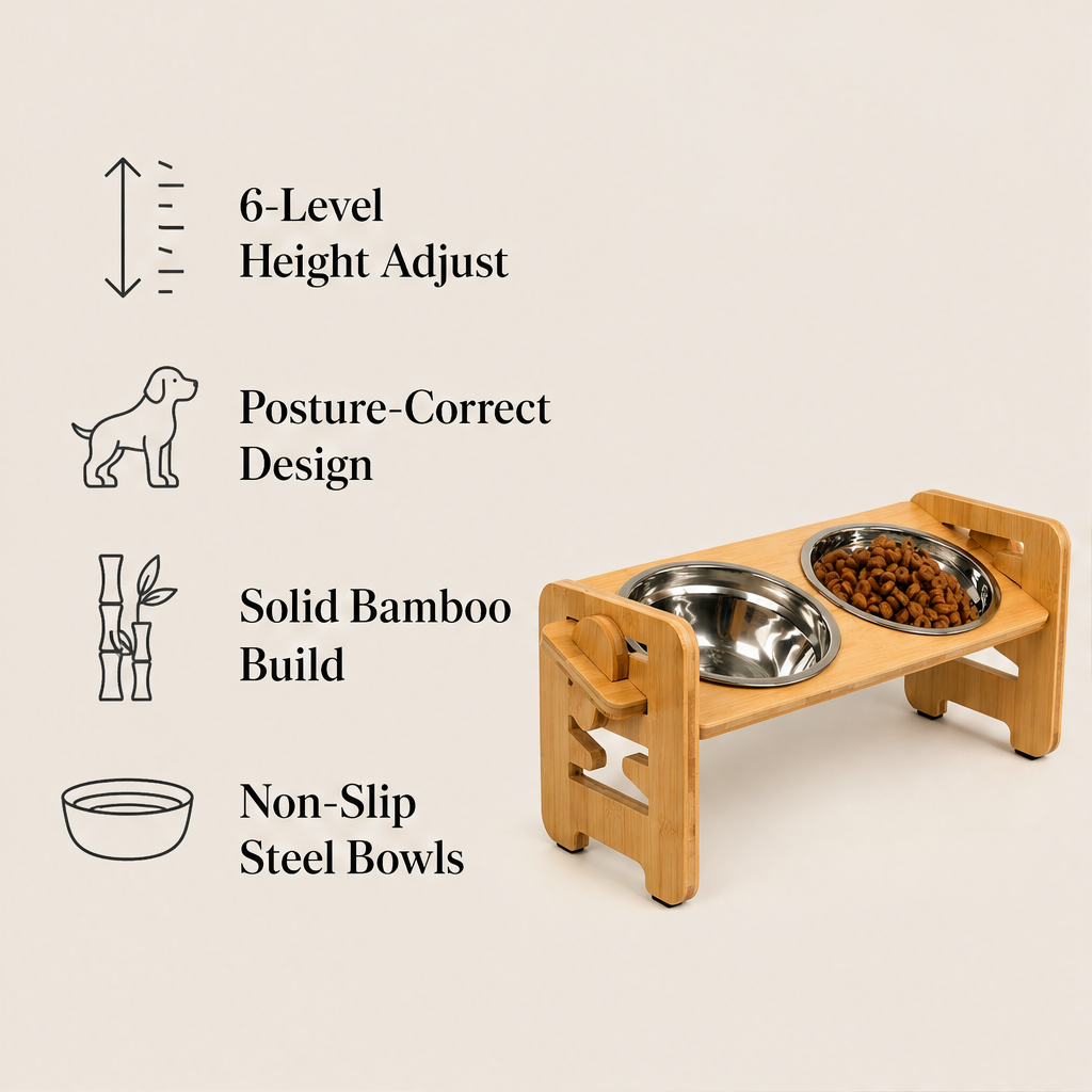 Elevora – Adjustable Height Bamboo Elevated Dog Feeder + 50% OFF features