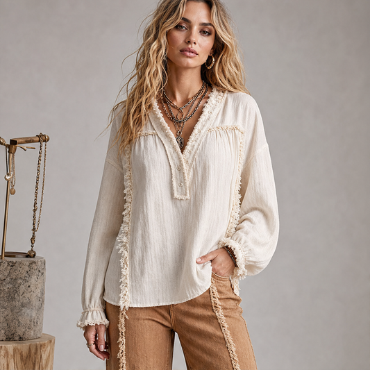 Frayvel – Raw-Frayed Trim Boho Long-Sleeve Shirt + 50% OFF lifestyle