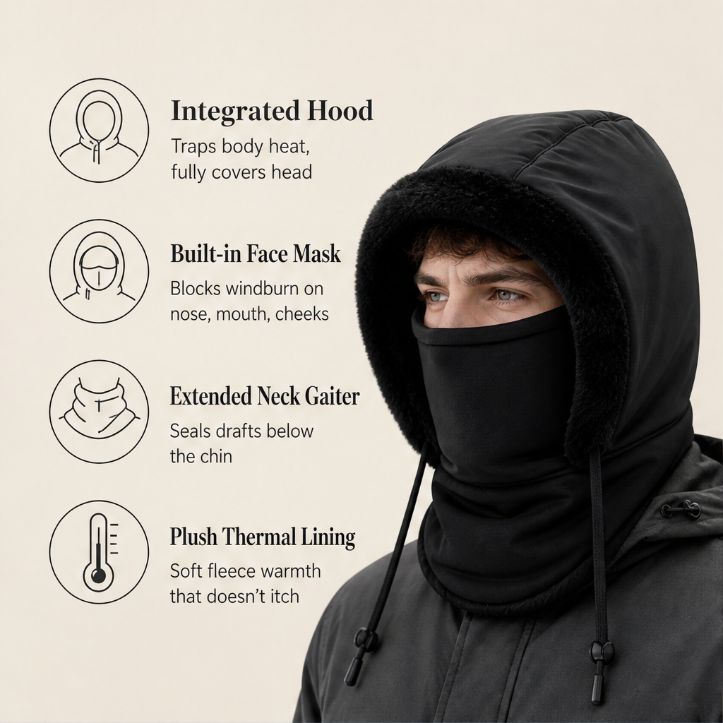 Hearthguard – Plush-Lined Thermal Hood with Built-In Face Mask + 50% OFF features