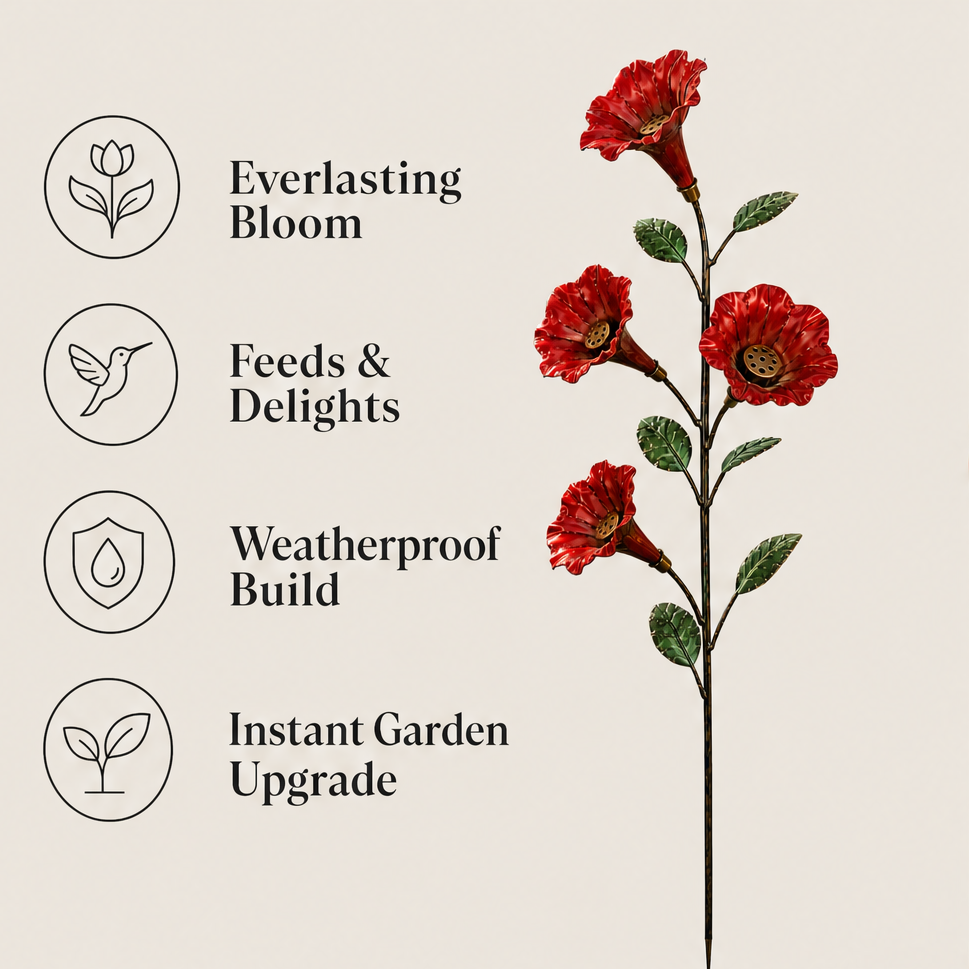 Larkspur & Wren – Hand-Painted Hummingbird Feeder Garden Stake + 50% OFF features