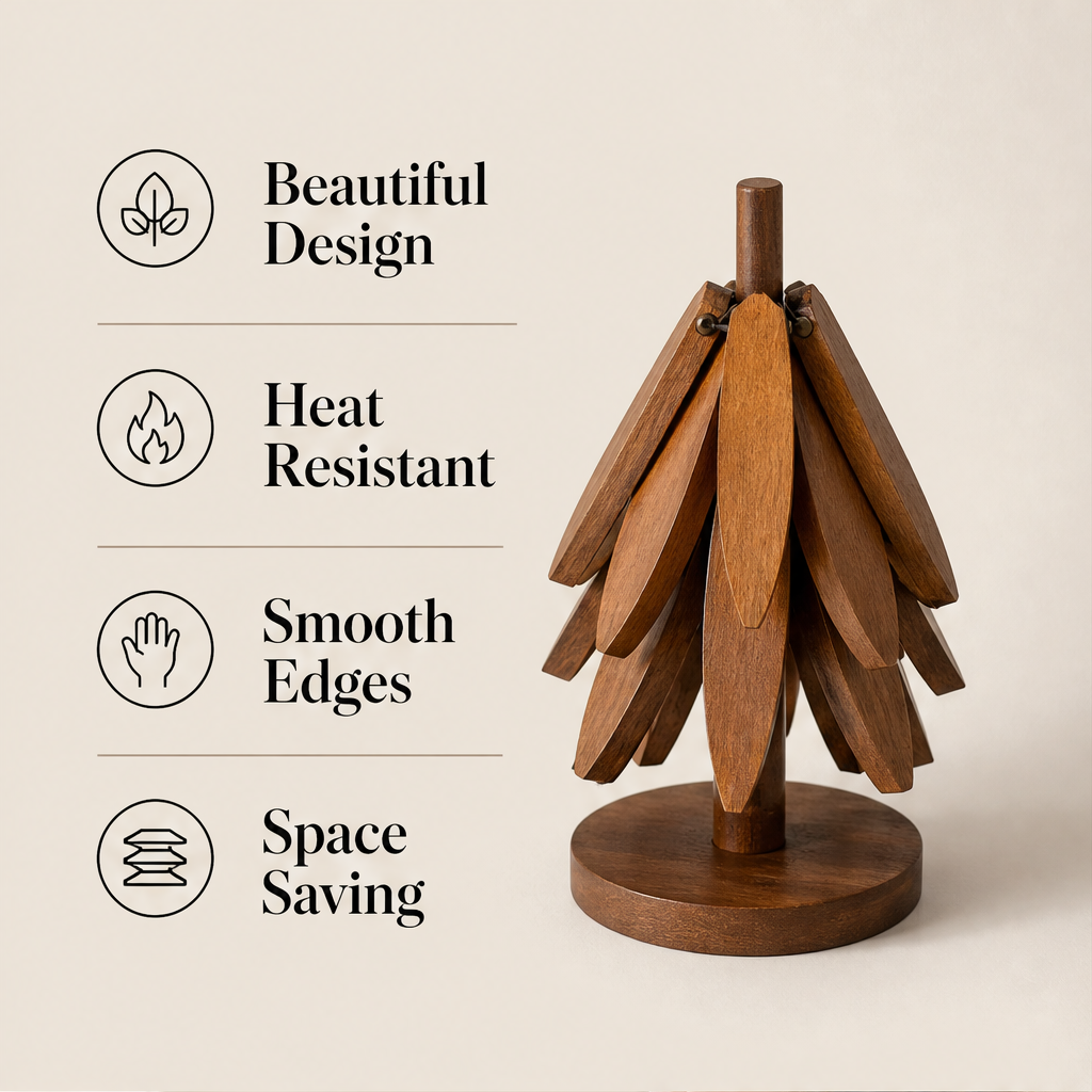 Pinegrove – Foldable Tree Design Wooden Trivet Set of 4 + 50% OFF features