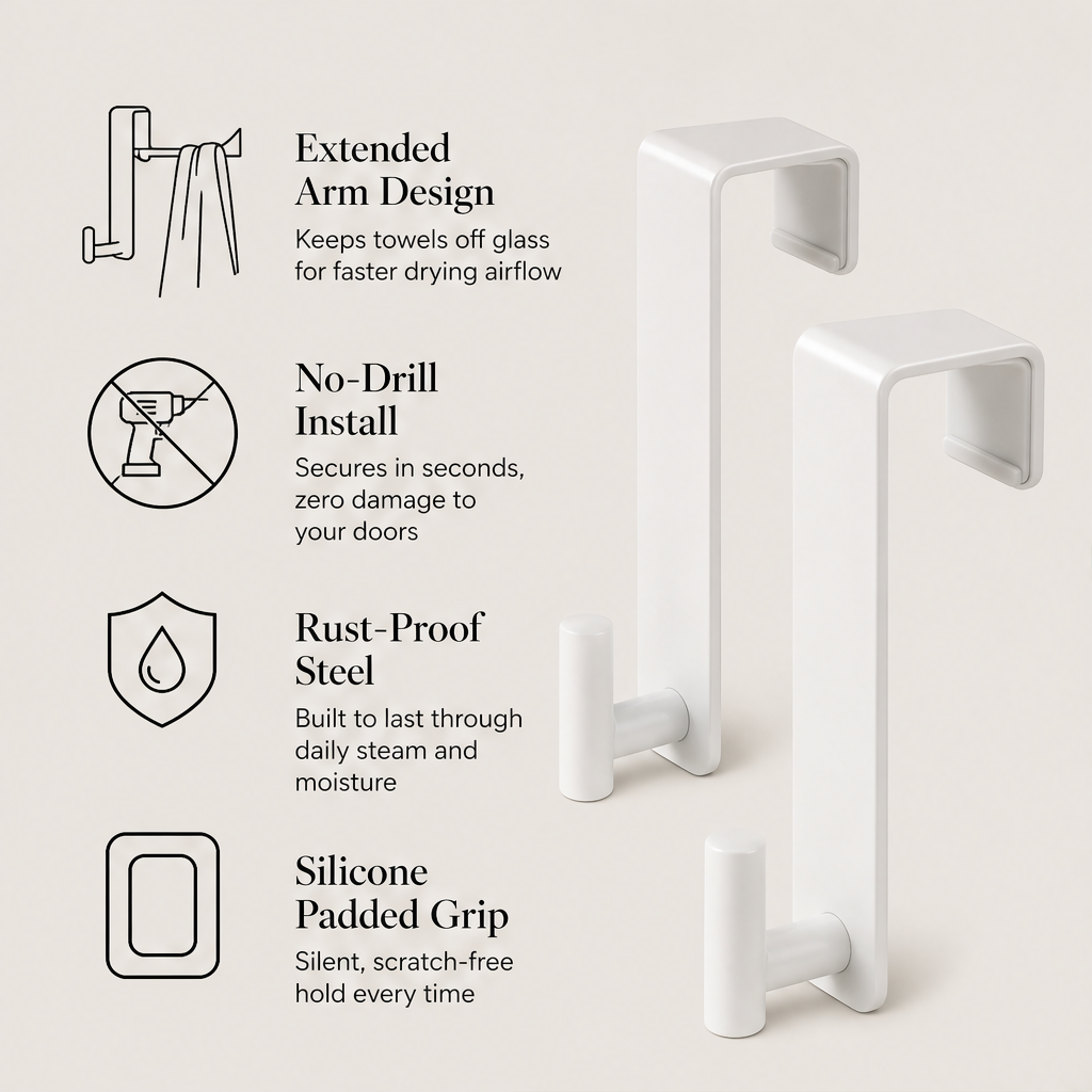 Clearwick – No-Drill Extended Arm Over The Shower Door Hooks + 50% OFF features