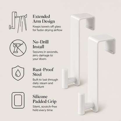 Clearwick – No-Drill Extended Arm Over The Shower Door Hooks + 50% OFF features
