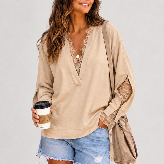 Laceloft – Deep V-Neck Lace Patchwork Loose Pullover Top + 50% OFF lifestyle