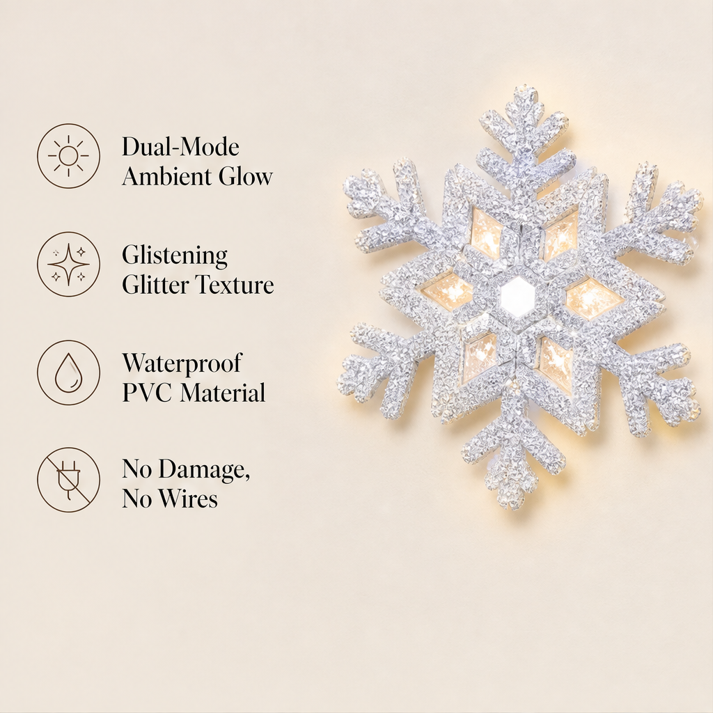 Snowglint – Glowing Glitter LED Snowflake Wall Sticker + 50% OFF features