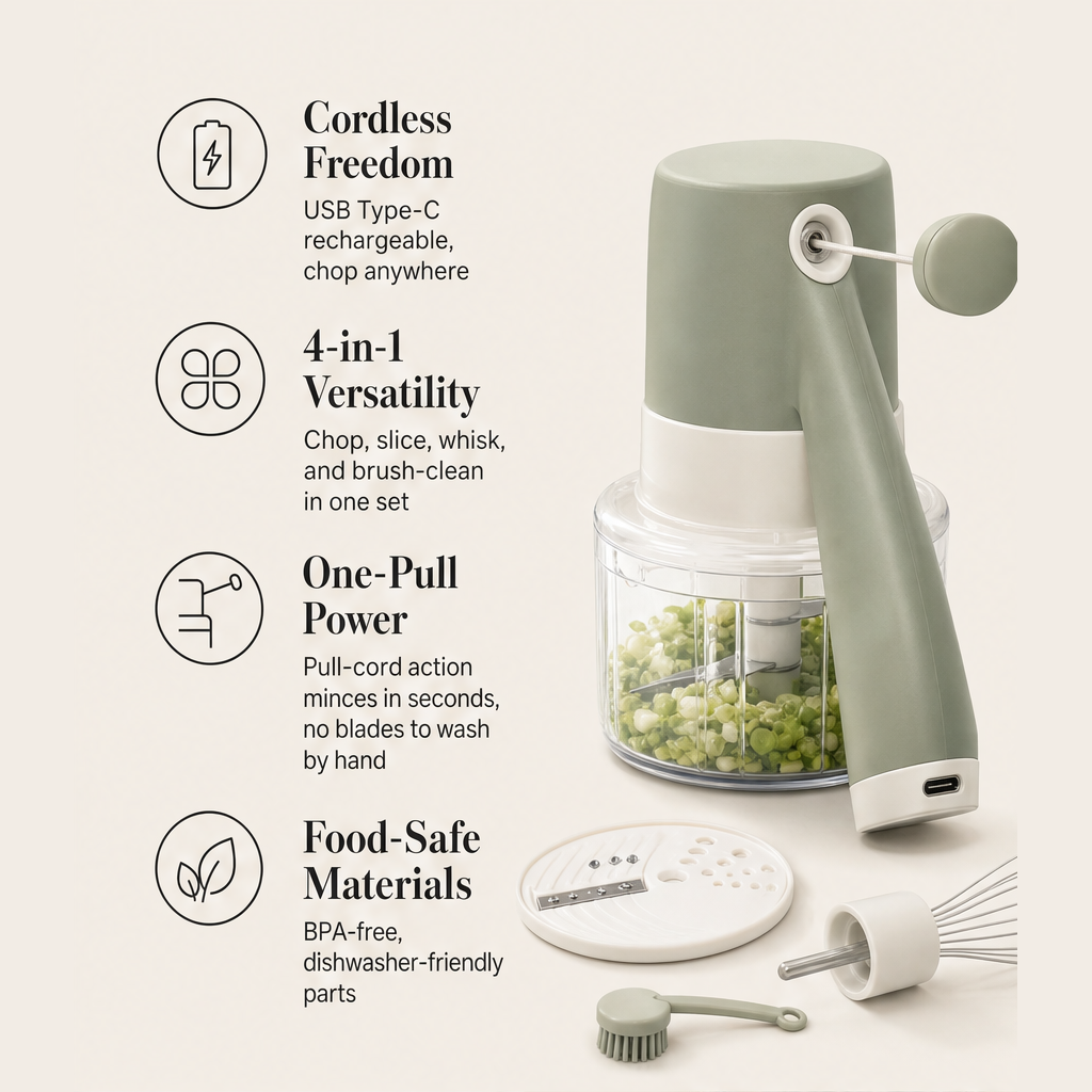 MinceWell – 4-in-1 Cordless Pull-Cord Vegetable Chopper Set + 50% OFF features
