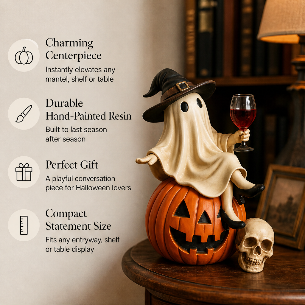 Hollowmere – Hand-Painted Resin Ghost Wine Night Halloween Decor + 50% OFF features
