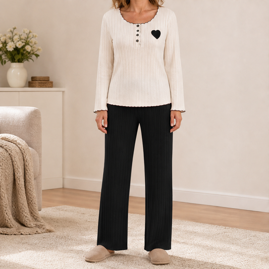 Cozemere – Heart Embroidery Ribbed Knit Pajama Set + 50% OFF Black