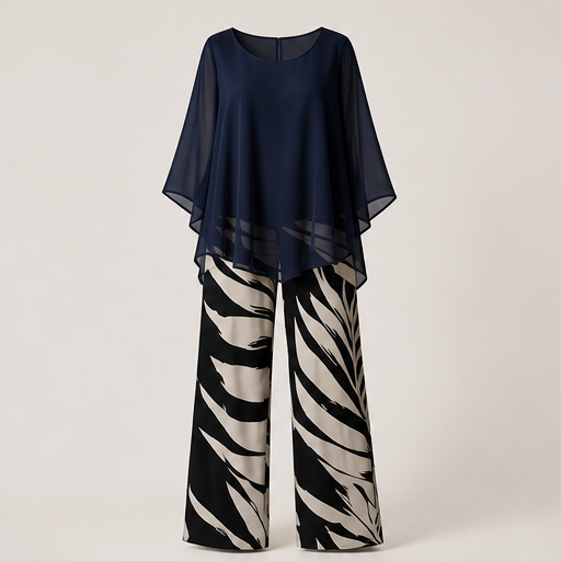 Vaelora – Flowy Chiffon Top & Wide-Leg Printed Pants Matching Set + 50% OFF Navy