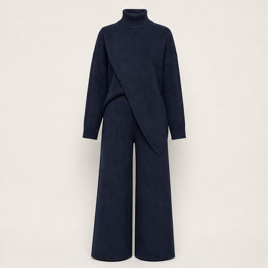 Fauxdrape – Asymmetrical Knit Top & Wide-Leg Trousers Set + 50% OFF Navy