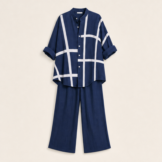 Linalour – Breathable Grid-Print Shirt & Wide-Leg Pants Set + 50% OFF Navy