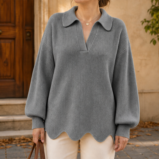 Larkspire – Scalloped Hem V-Neck Puff Sleeve Sweater + 50% OFF Grey