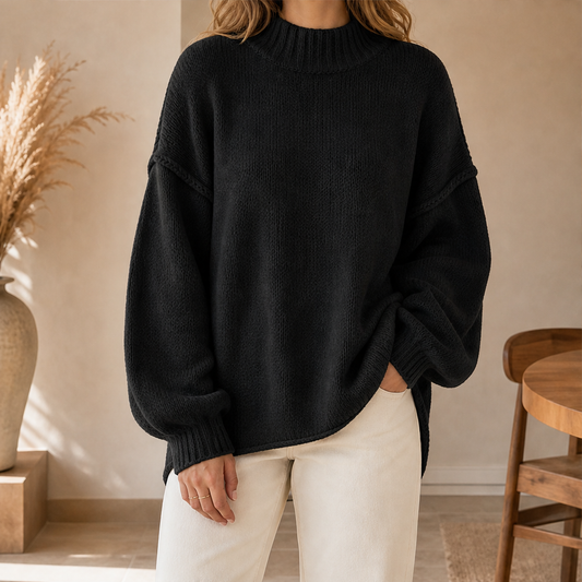 Haveline – Oversized Soft Knit Half-High Collar Sweater + 50% OFF Black