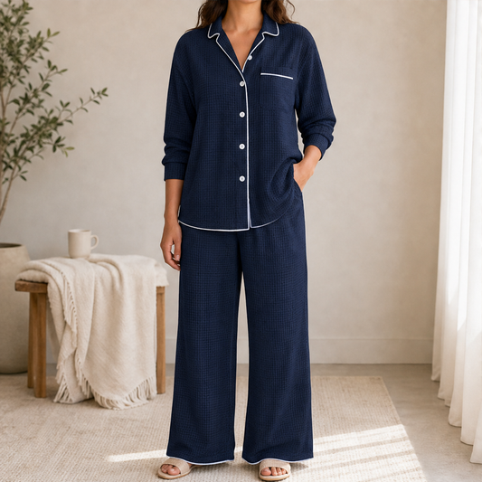 Brushvale – Brushed Flannel Lace-Trim Pajama Set + 50% OFF Navy