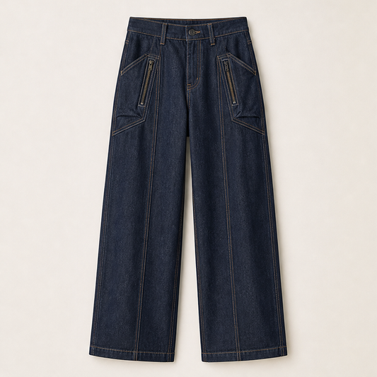 Denwick – Faux Denim Stretch Cargo Pants with Zip Pockets + 50% OFF Navy
