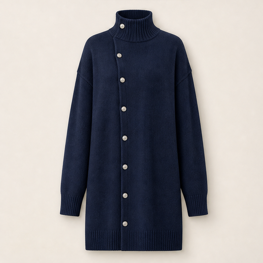 Millbron – Oversized Turtleneck Cardigan with Asymmetrical Buttons + 50% OFF Navy