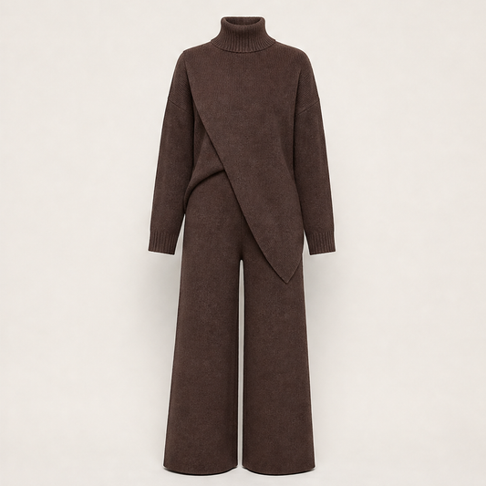 Fauxdrape – Asymmetrical Knit Top & Wide-Leg Trousers Set + 50% OFF Brown