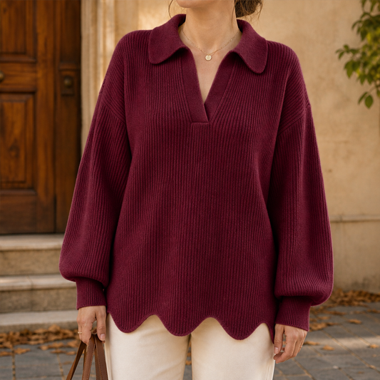 Larkspire – Scalloped Hem V-Neck Puff Sleeve Sweater + 50% OFF Burgundy