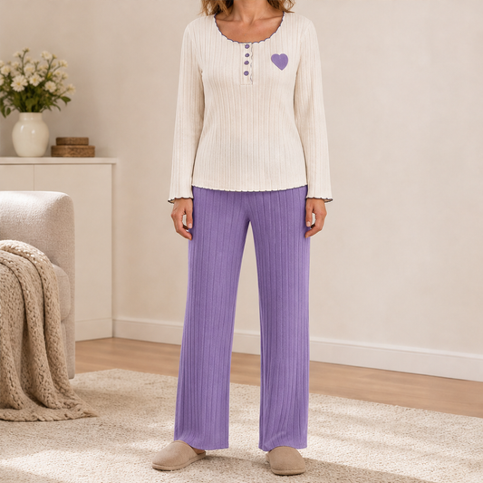 Cozemere – Heart Embroidery Ribbed Knit Pajama Set + 50% OFF Lavender
