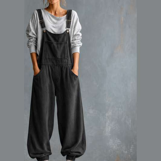 Wanderloom – Oversized Adjustable-Strap Washed Denim Overalls + 50% OFF Black