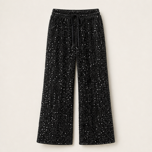 Velvara – Velvet-Backed Sequin Wide-Leg Trousers + 50% OFF Black