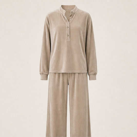 Velourin – Wide-Leg Velour Two-Piece Loungewear Set + 50% OFF Beige