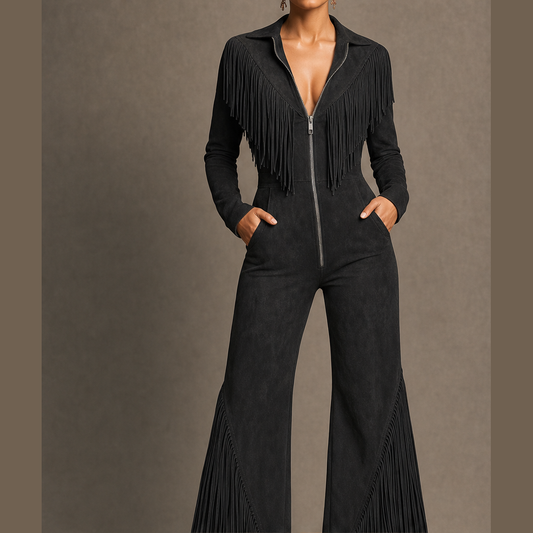 Sagebrush – Western Fringe Faux Suede Zip-Up Jumpsuit + 50% OFF Black