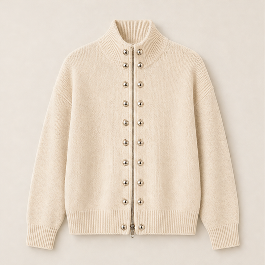 Marchelle – Standing Collar Double-Breasted Knit Cardigan + 50% OFF Beige
