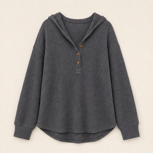 Warmholm – Waffle Knit Henley Hoodie Top + 50% OFF Charcoal