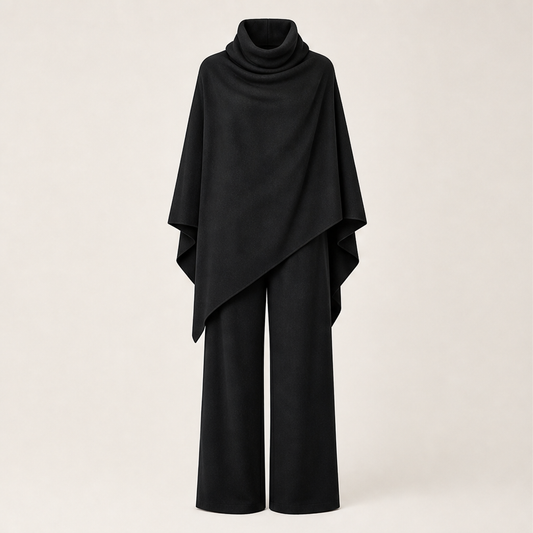 Draperie – Draped Turtleneck Cape & Wide-Leg Pants Set + 50% OFF Black