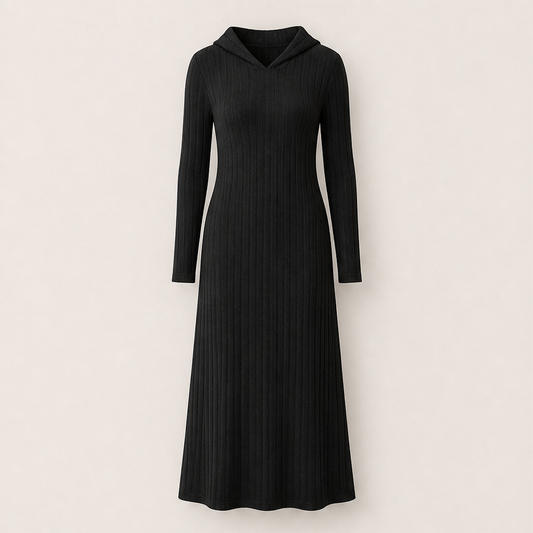 Ashwool – Ribbed-Knit Hooded Maxi Dress + 50% OFF Black