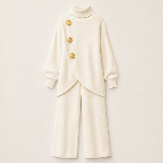 Faylence – Wrap-Front Turtleneck & Wide-Leg Knit Set + 50% OFF Ivory