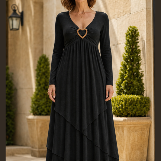 Tierwyn – Slimming A-Line Layered Maxi Dress with Heart Detail + 50% OFF Black