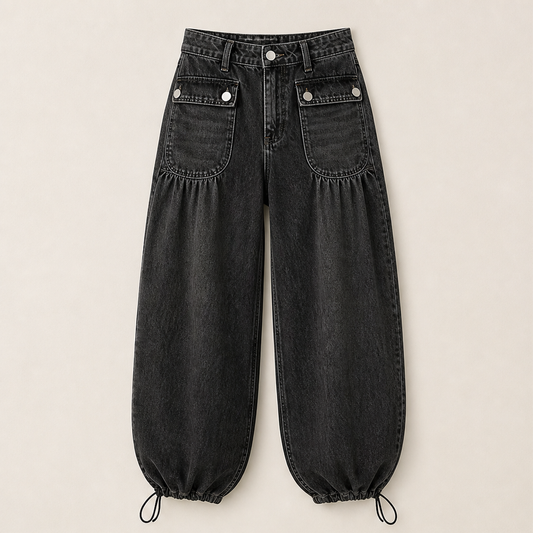 Millrow – Adjustable-Cuff High-Waist Balloon Jeans + 50% OFF Black