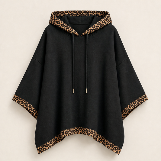 Wildmere – Leopard Trim Oversized Poncho Hoodie + 50% OFF Black