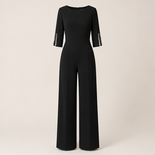 Pearlaine – Beaded Sleeve Wide-Leg Slim Jumpsuit Black