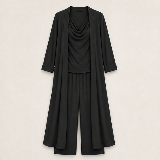 Cowlden – Draped Cowl Top, Wide-Leg Pants & Long Cardigan 3-Piece Set + 50% OFF Black