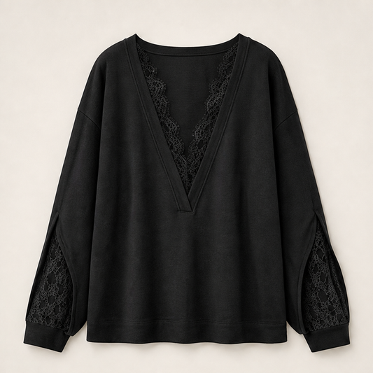 Laceloft – Deep V-Neck Lace Patchwork Loose Pullover Top + 50% OFF Black